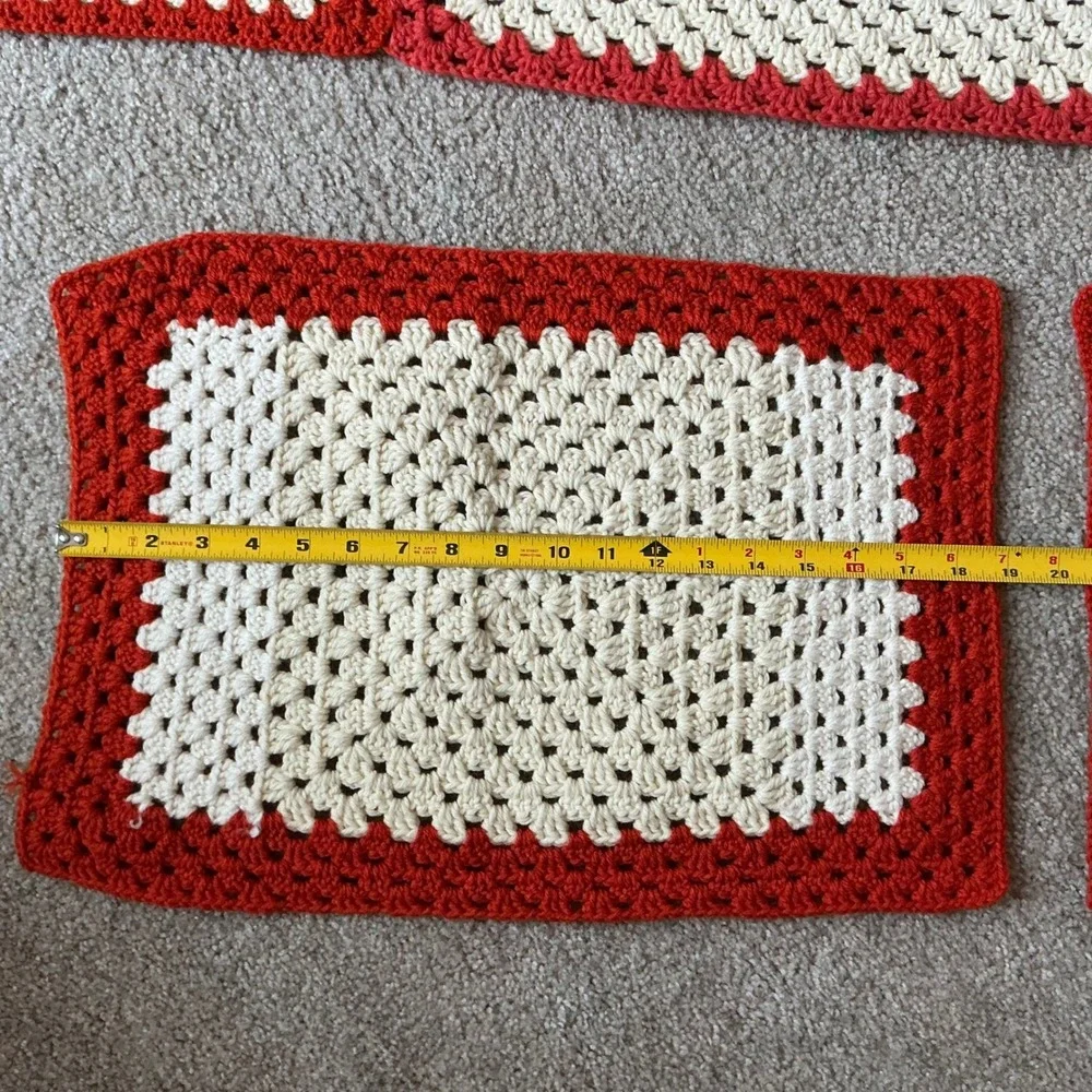 Hand Crocheted Table Runner & 2‎ Placemats Set Red Cream Cottagecore Farmhouse